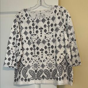 Talbots Black and White Paisley 3/4 Sleeve Top